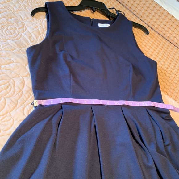 Calvin Klein Faux Leather Trim Fit&Flare Dress Blue/Black Size 12 - Picture 7 of 11